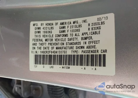 2013 Honda Accord Ex-L z USA, uszkodzony, nr VIN 1HGCR2F84DA130750